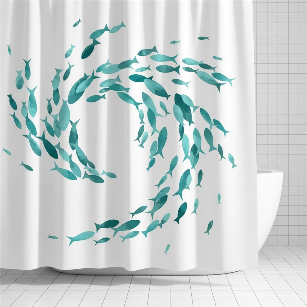 Turquoise washable fabric shower curtain with fish print and hooks, nautical bathroom decor.