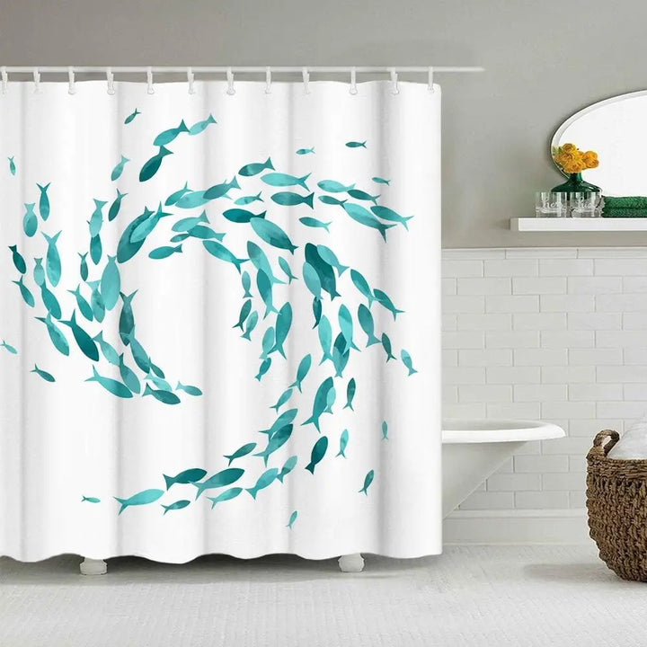 Full view of turquoise fish print fabric shower curtain with hooks, ideal for bathroom decor.