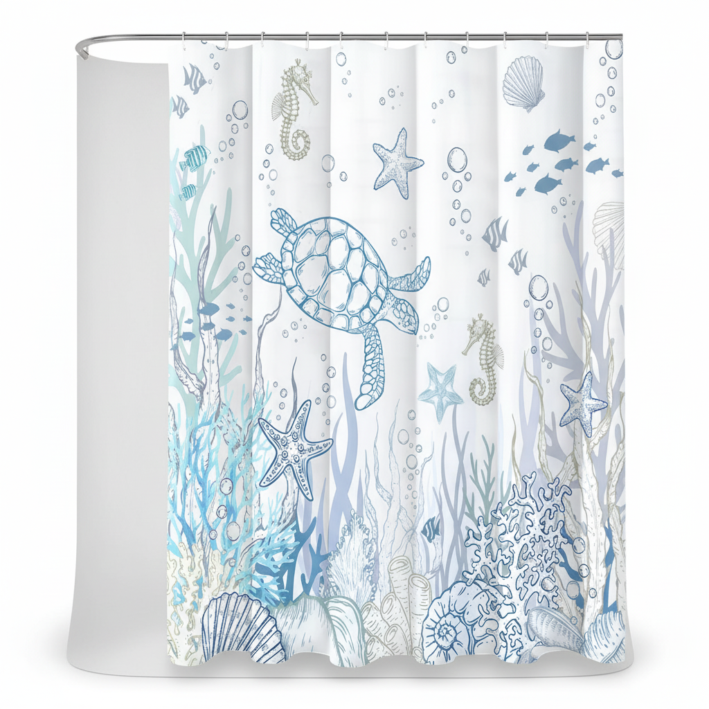 Unisex TurtleGlide polyester shower curtain, waterproof, easy install bathroom decor