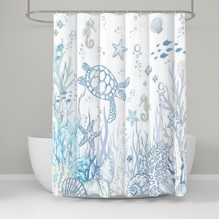 Detail of a vibrant green sea turtle on the TurtleGuard waterproof shower curtain