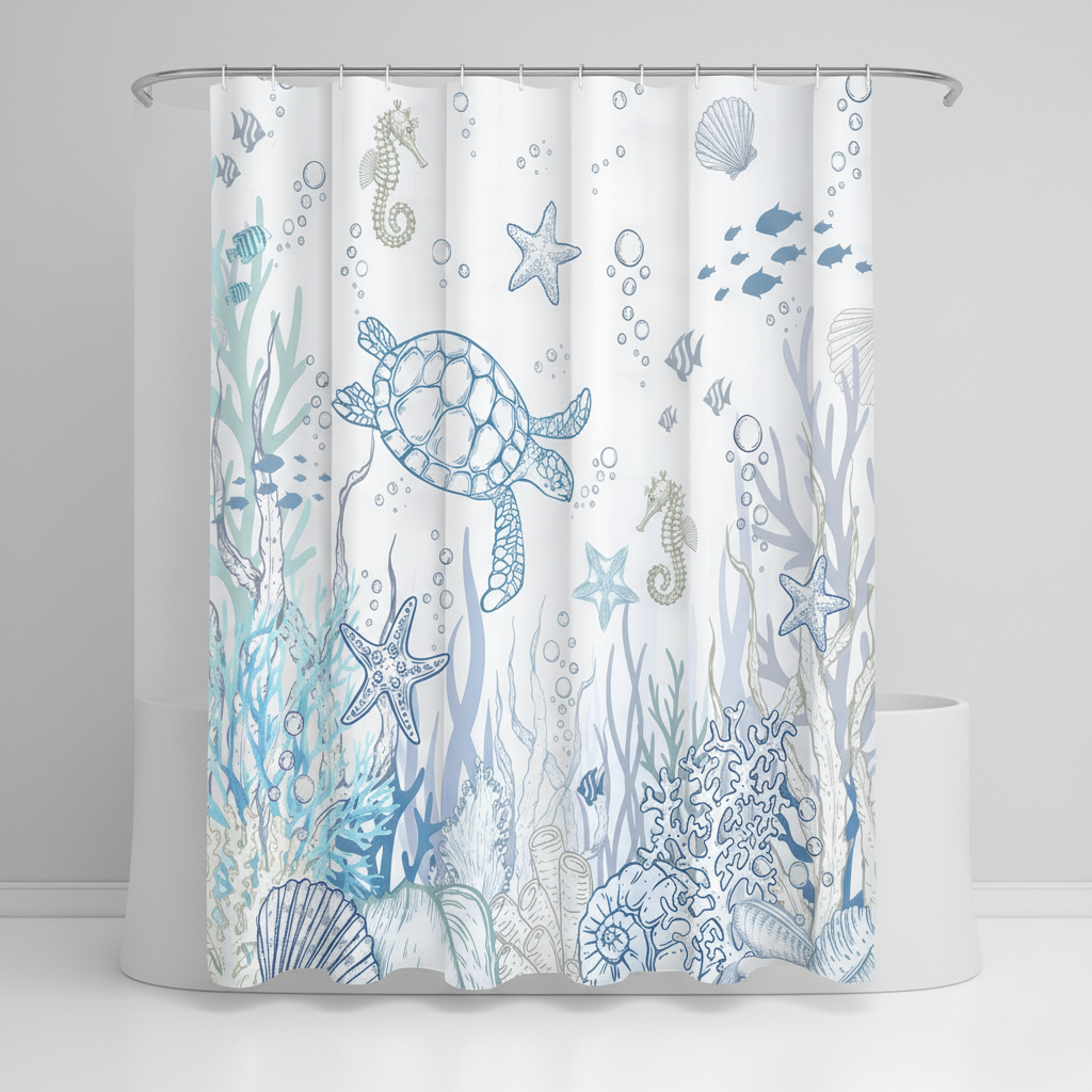 Bathroom interior highlighting the TurtleGuard marine-themed shower curtain as home decor
