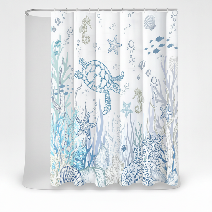 Waterproof TurtleGuard shower curtain, featuring a detailed sea turtle print, easy to clean