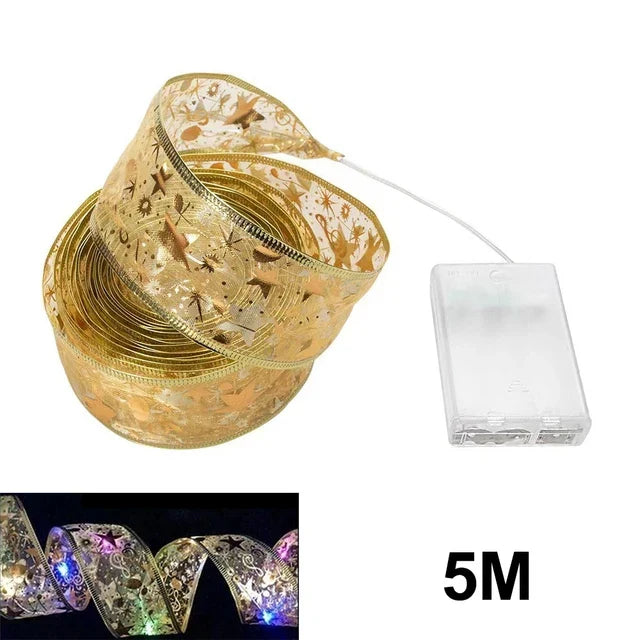 Beautiful ribbon lights enhancing Christmas tree and festive home decor. Creates a holiday glow.