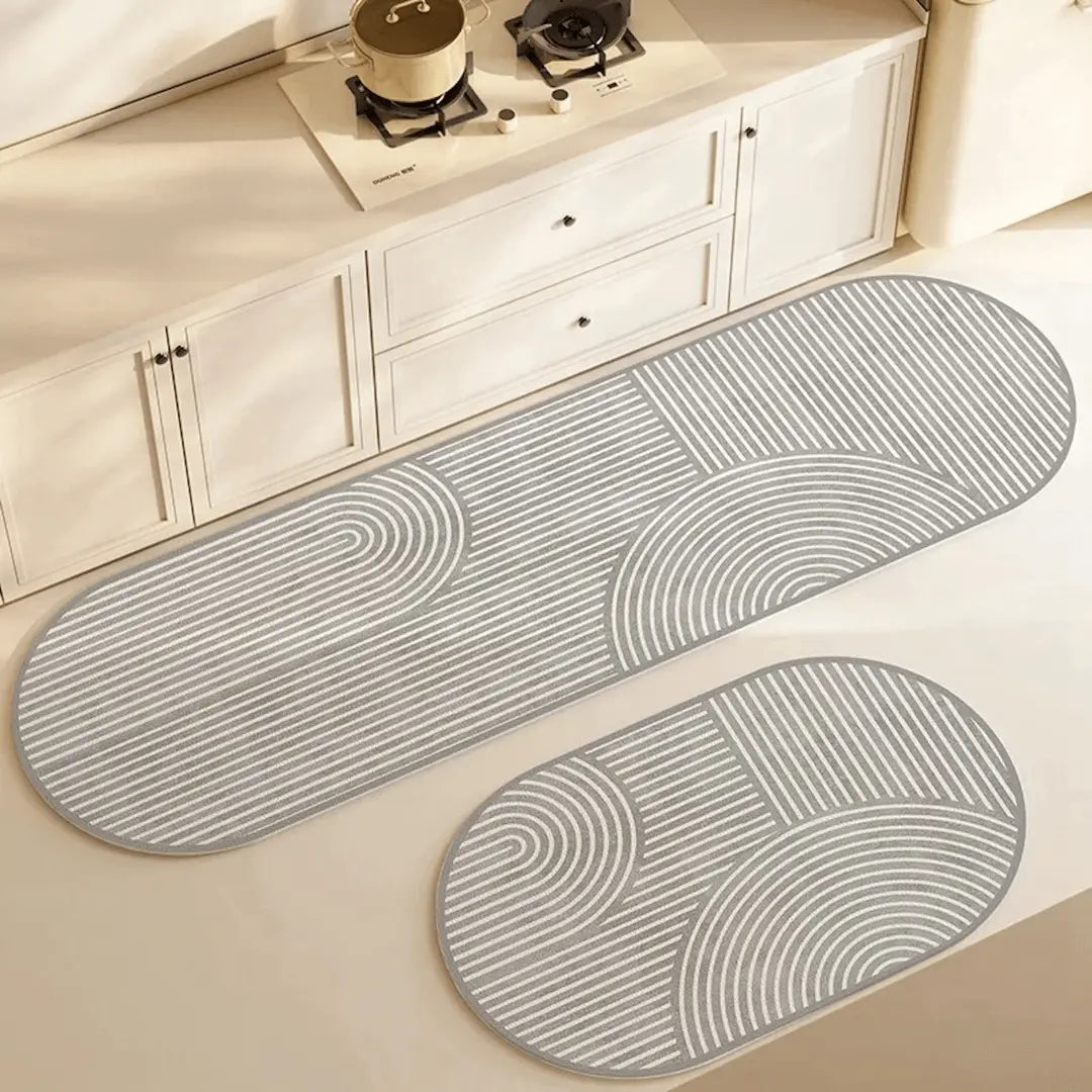 Absorbent non-slip kitchen mat, perfect for under sink, quick dry, machine washable floor textile.
