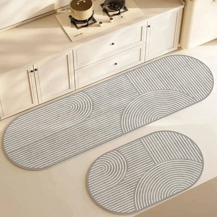Absorbent non-slip kitchen mat, perfect for under sink, quick dry, machine washable floor textile.