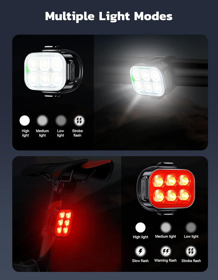 Waterproof USB rechargeable bike light set, powerful LED front and tail lights for cyclists