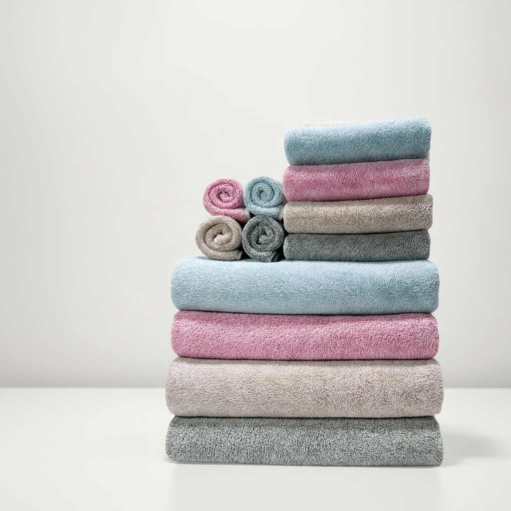 Folded cozy coral fleece towel set with decorative ribbon, a luxury bathroom essential