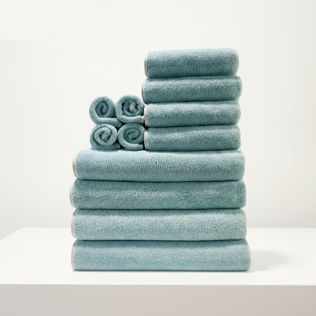 Unisex coral fleece towel set arranged on a spa-like background, promoting relaxation