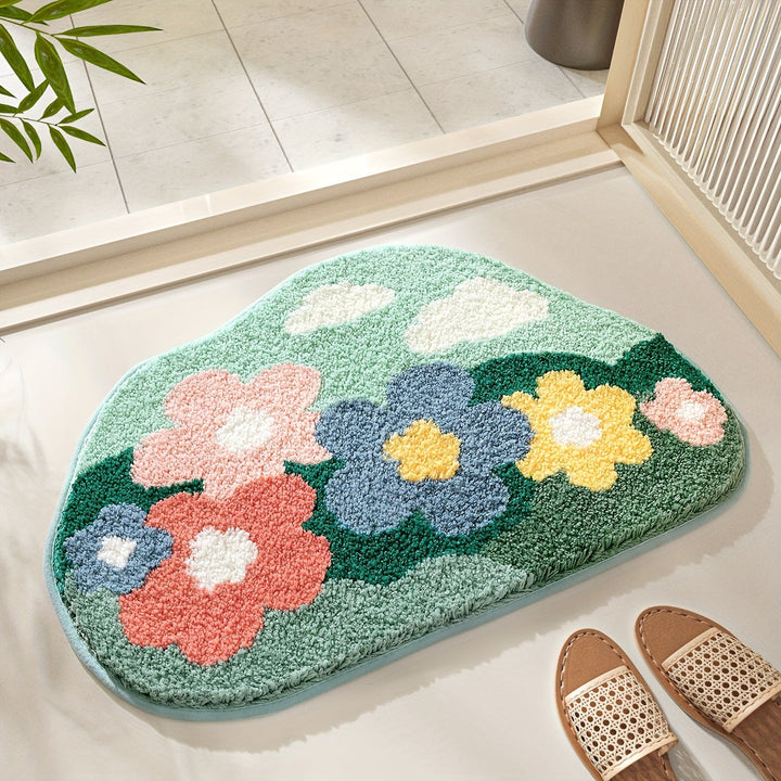Decorative floral bath mat, non-slip, ultra-soft, and highly absorbent.