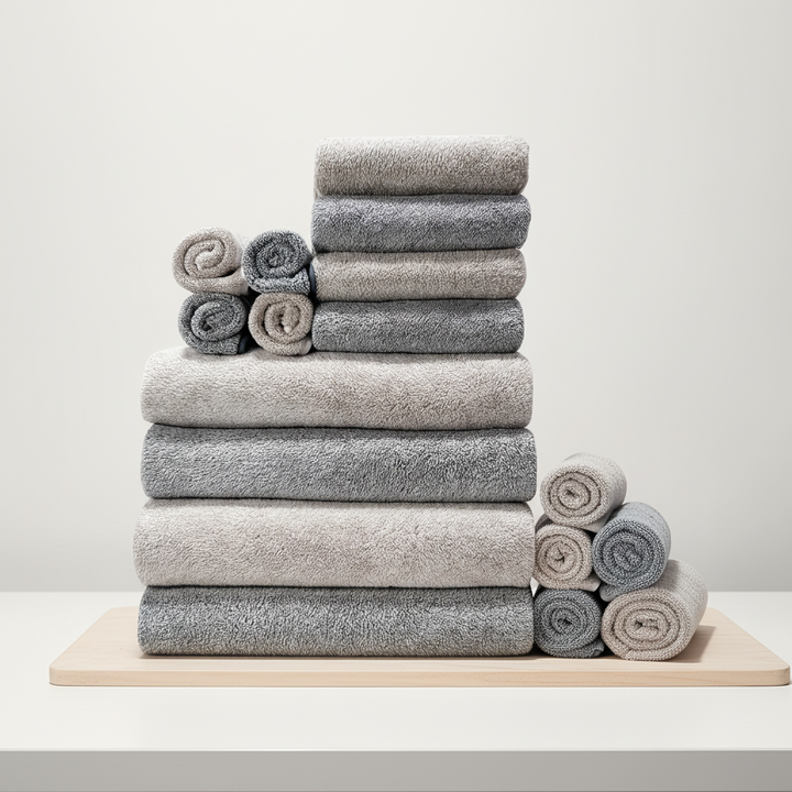 Texture shot of a durable, ultra-soft microfiber towel, showing the quality of coral fleece bathroom essentials