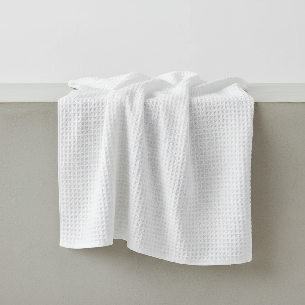 Detail shot of the Pima cotton fibers in a FreshWrap waffle towel, emphasizing its antibacterial and soft qualities