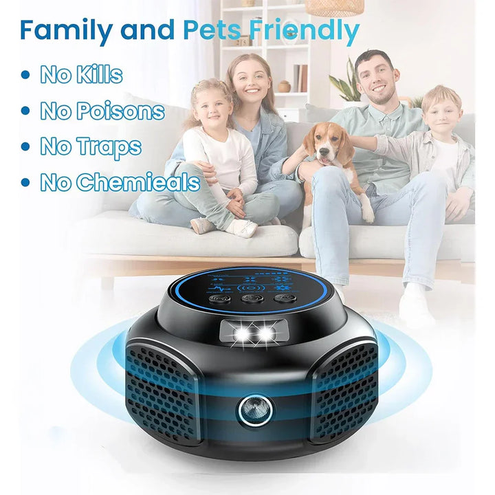 Ultrasonic pest control device discreetly plugged into a wall socket in a modern living room setting