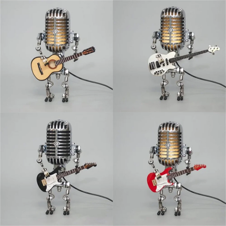 Unique industrial robot table lamp with guitar, perfect for retro desk decor or a novelty accent light.