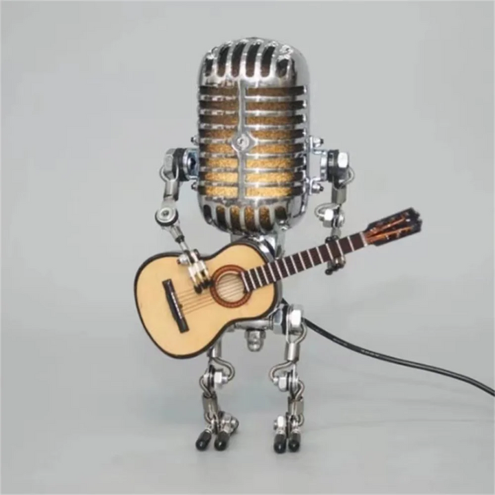 Retro robot table lamp with guitar, an industrial-style novelty light to enhance any room's decor.