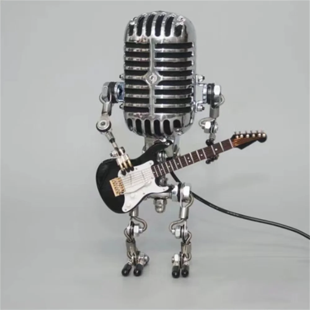 Creative robot lamp with guitar, an industrial decor unique gift and a quirky desk accessory.