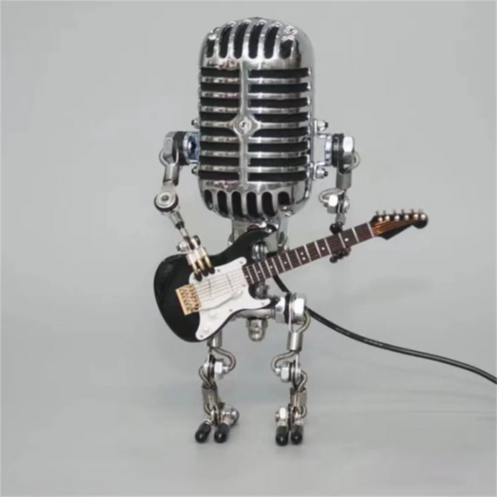 Creative robot lamp with guitar, an industrial decor unique gift and a quirky desk accessory.