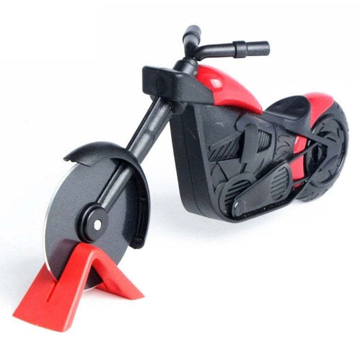 Decorative motorcycle pizza cutter on display stand. Sharp stainless steel wheel for easy pizza slicing.
