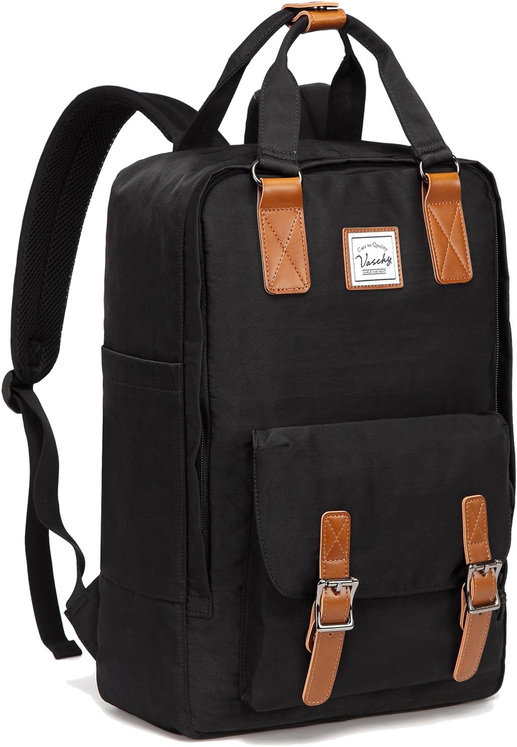 Two UrbanEase 15.6 inch water-resistant vintage laptop backpacks in 1+1 FREE promo display for school.