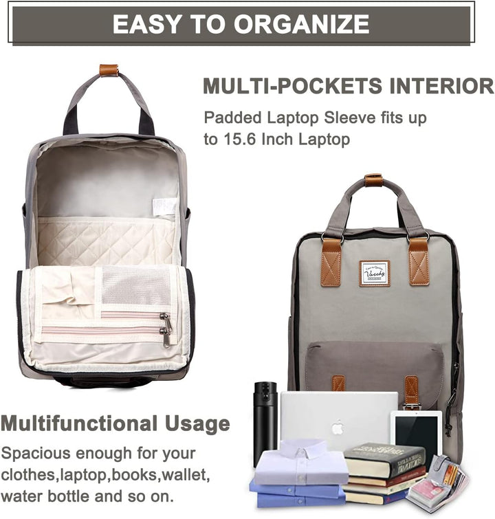 Side view of UrbanEase 15.6 inch vintage laptop backpack, durable and water-resistant for travel.