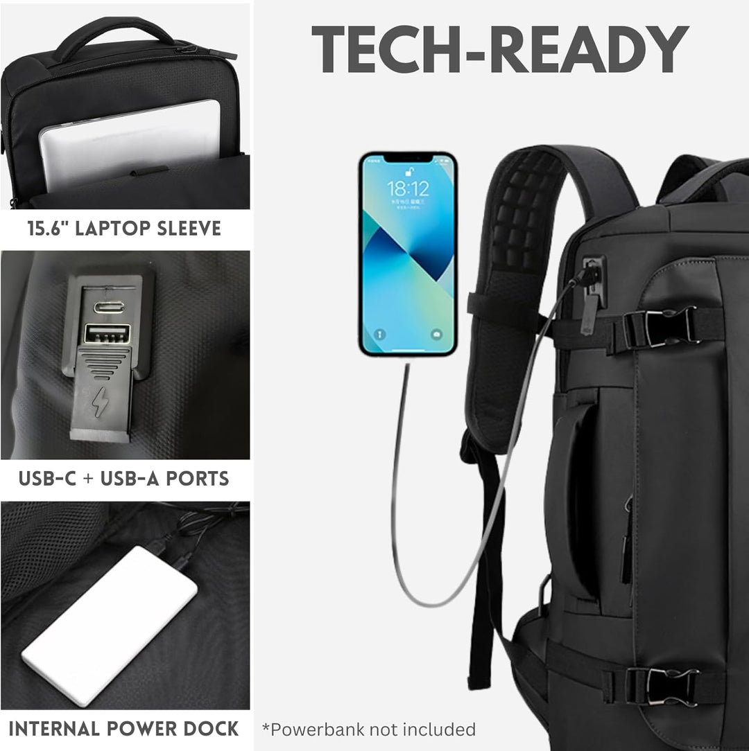 Modern 15-inch work backpack, waterproof with quick-access side-open & built-in USB-C charging.