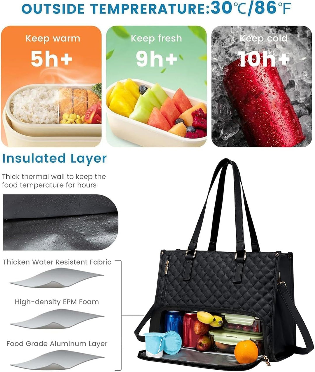 Insulated unisex tote bag. Keeps lunch fresh, protects laptop. Ideal commuter & office bag with smart organization.