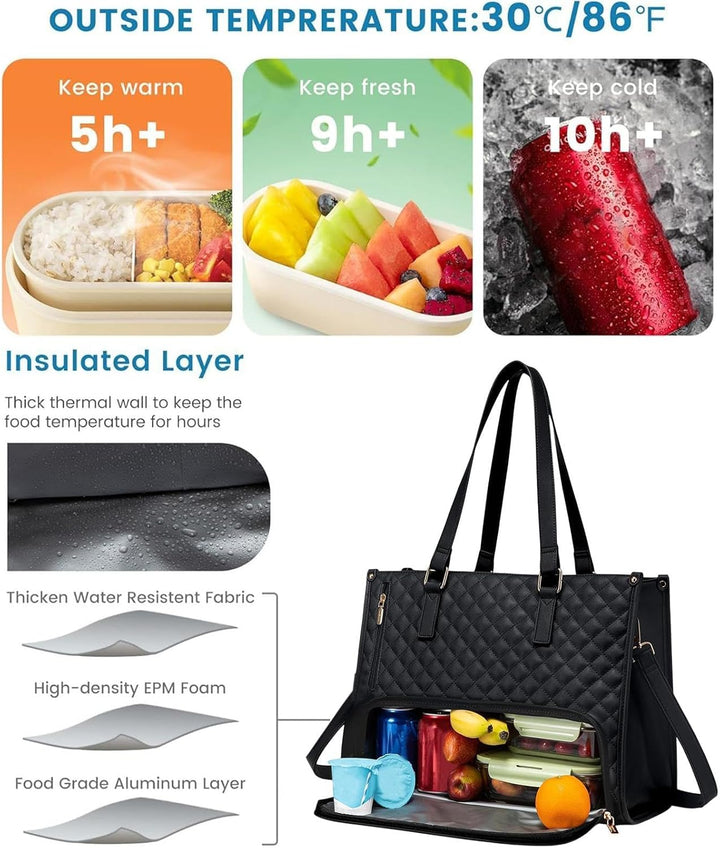 Insulated unisex tote bag. Keeps lunch fresh, protects laptop. Ideal commuter & office bag with smart organization.