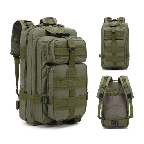 Tactical bug out bag with emergency survival gear, first aid, and water purification for crisis prep.