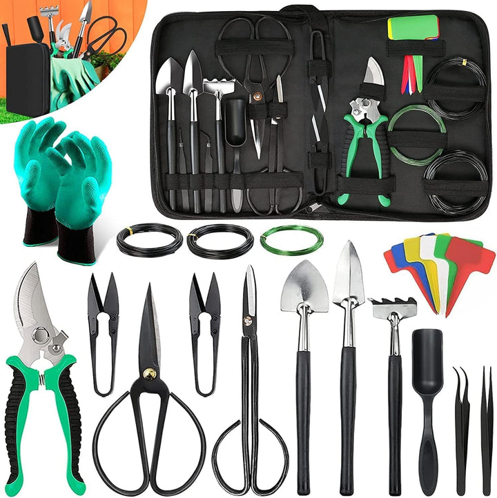 Unisex 24-piece bonsai tree care kit with high-carbon steel tools in a closed PU leather bag