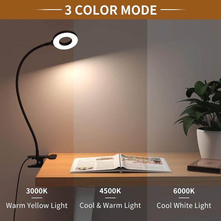 LED light emitting a warm white glow from the desk clamp lamp with flexible gooseneck