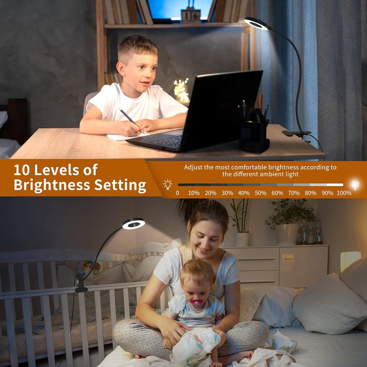 Flexible gooseneck LED desk lamp in white, clamped to a desk for versatile lighting