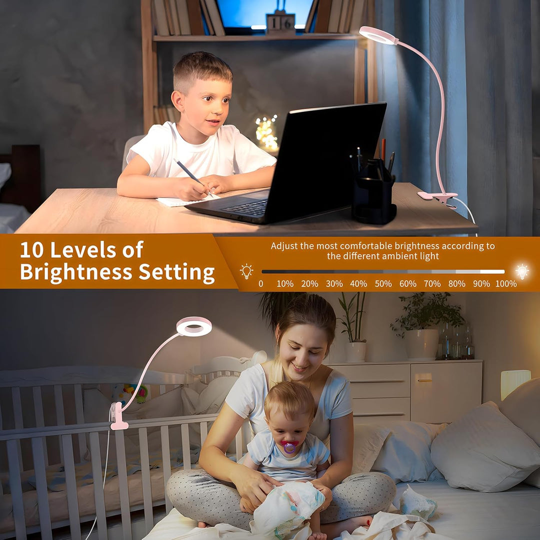 LED desk lamp illuminating a book, clamped to a table with its flexible gooseneck