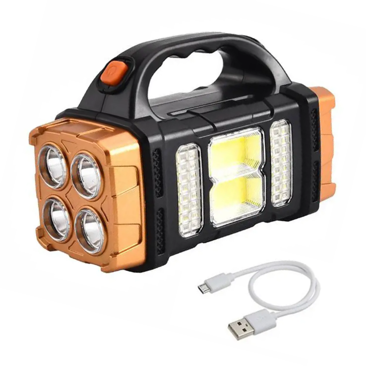 Portable solar power bank & flashlight; rechargeable emergency charger for phones & devices on the go.