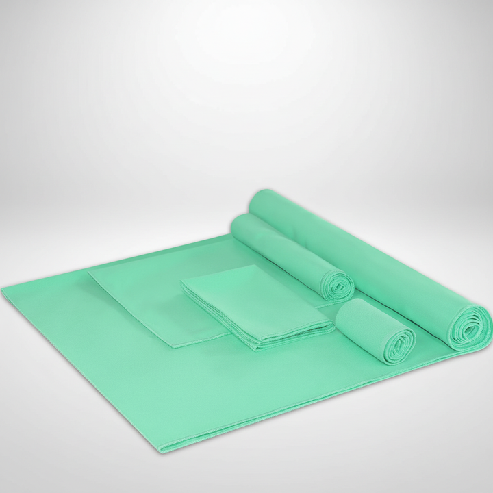 Unisex microfiber towel set showing all three sizes, quick dry and absorbent
