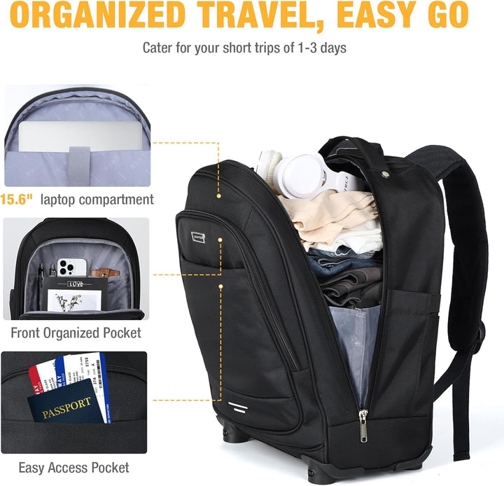 Black water-resistant 30L rolling laptop bag with 4 spinner wheels, perfect for commuter & carry-on travel.