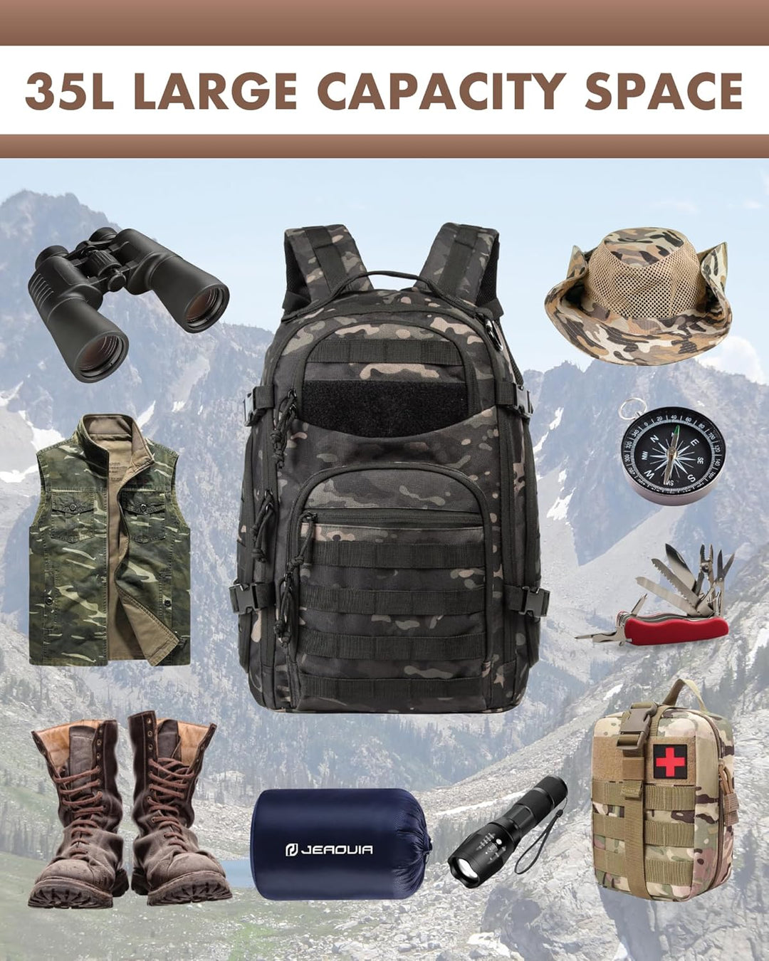 Back view of a unisex 35L tactical backpack with padded, breathable shoulder straps & comfortable back panel.