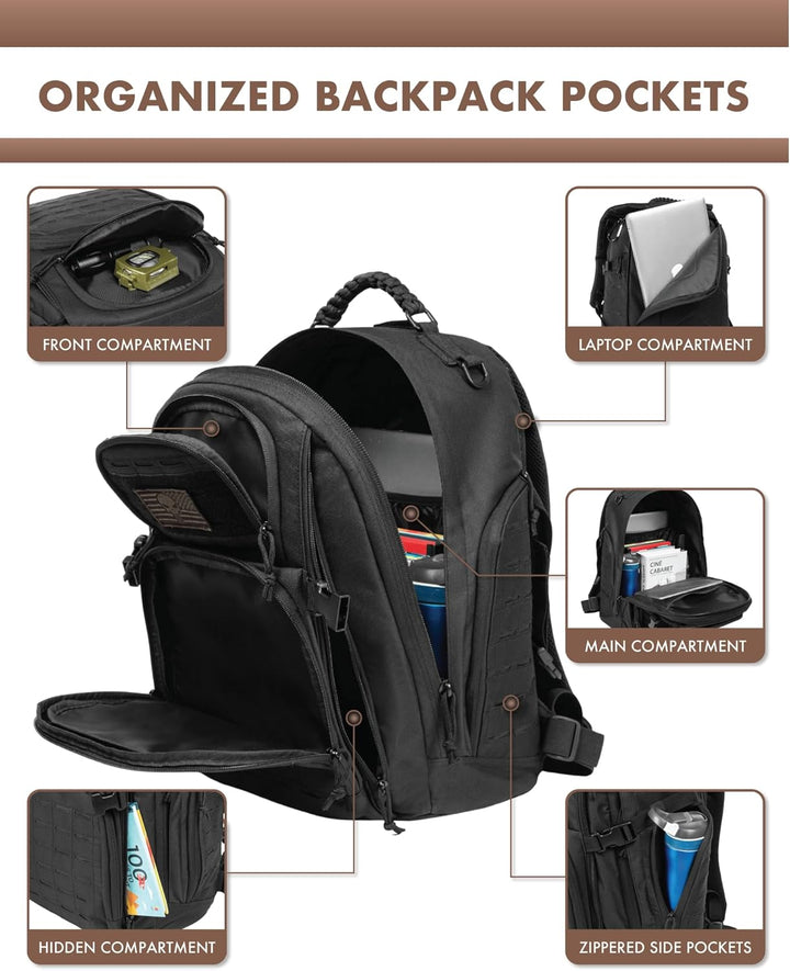 Man wearing a 35L tactical hiking backpack, demonstrating its comfortable fit & readiness for outdoor trails.