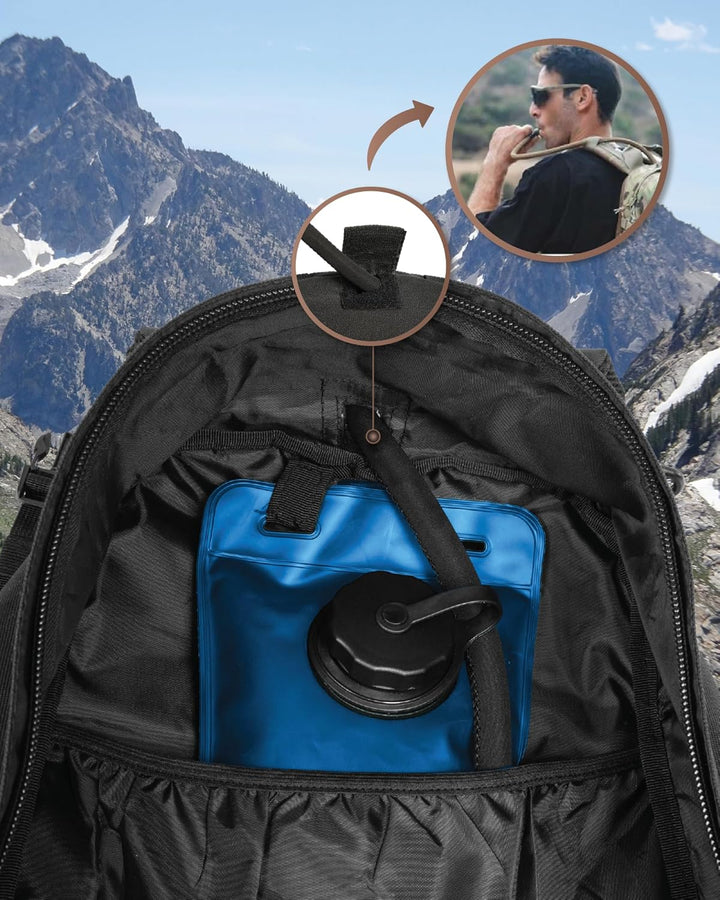 Woman carrying a unisex 35L tactical daypack, ideal for urban travel, light hikes, & everyday adventures.