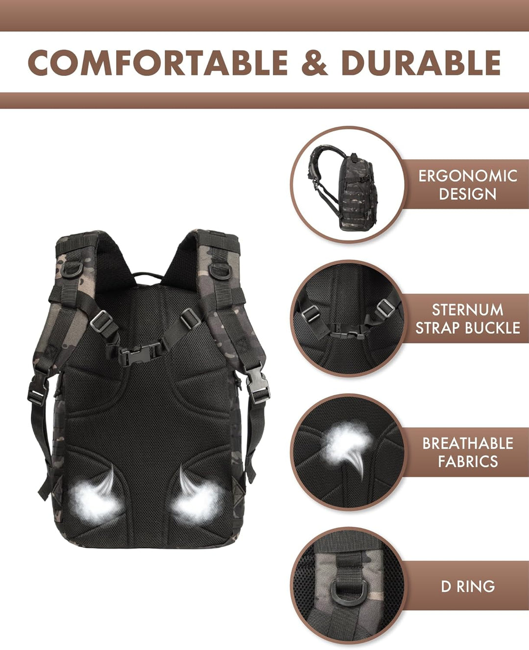Front view of a sleek black 35L tactical outdoor backpack with Molle system & multiple zippered storage pockets.