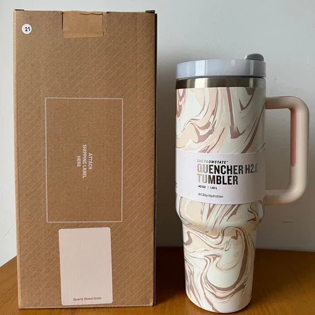 Keeps drinks hot for hours: 40 fl oz insulated travel mug with straw and secure lid.