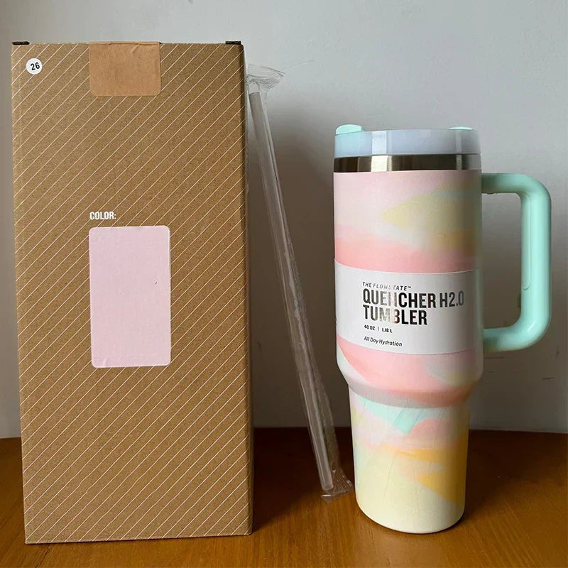 Versatile 40 fl oz vacuum insulated tumbler with straw lid for all your drink needs.