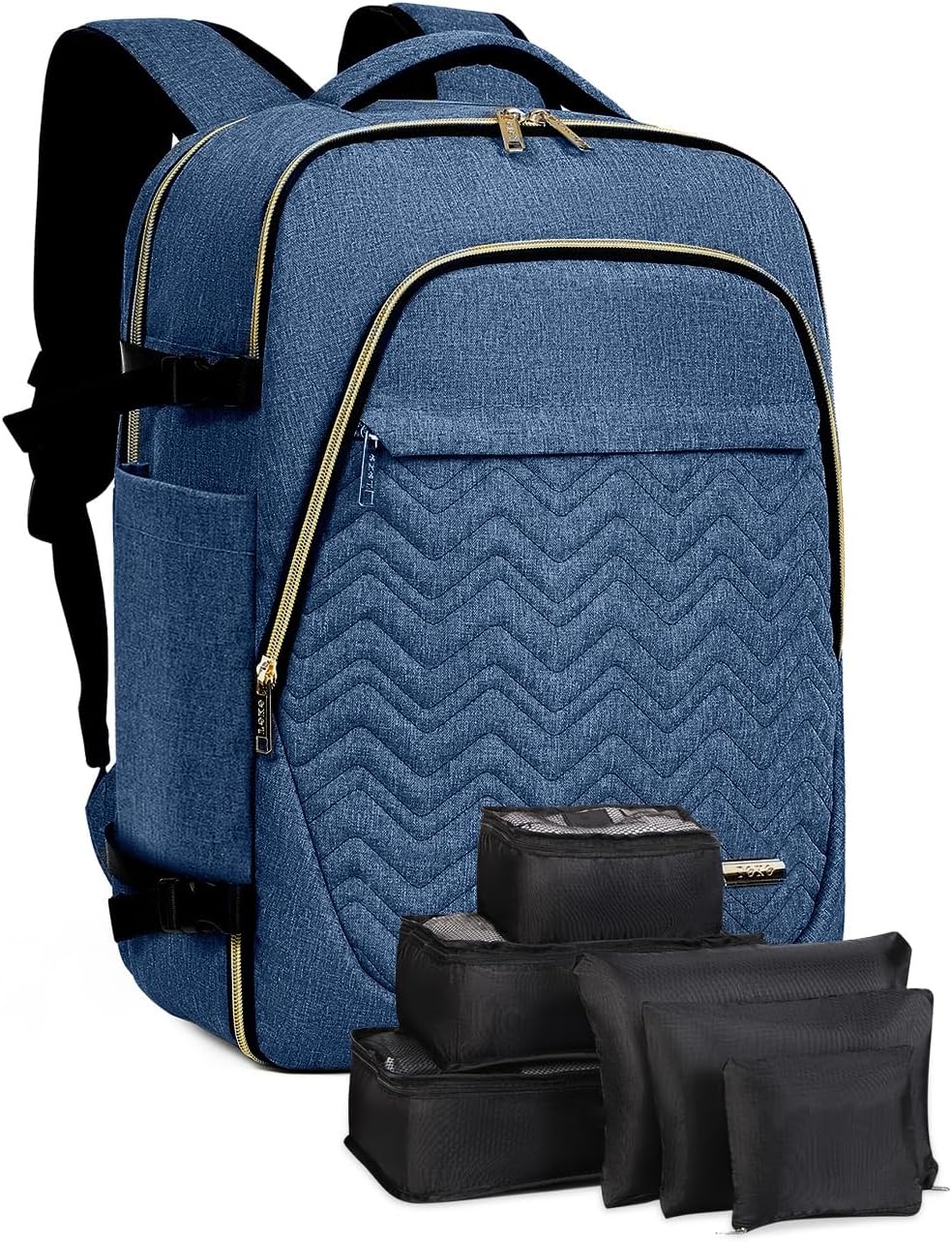 Unisex 40L airline carry-on travel backpack in black with front compartments and side pockets, showing its compact size.