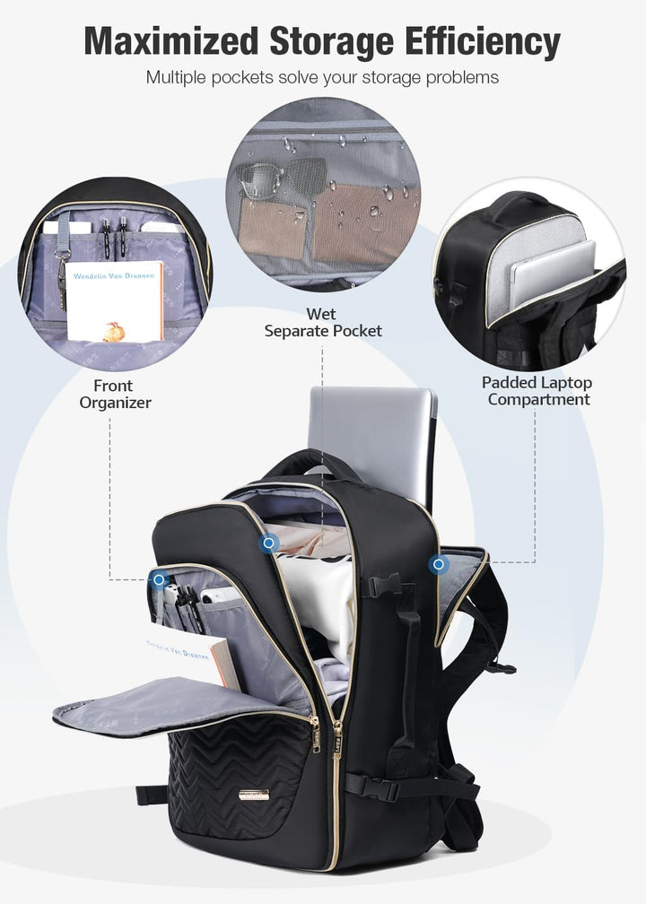 A person comfortably wearing the 40L unisex travel backpack, demonstrating its ergonomic design and carry-on friendly size.