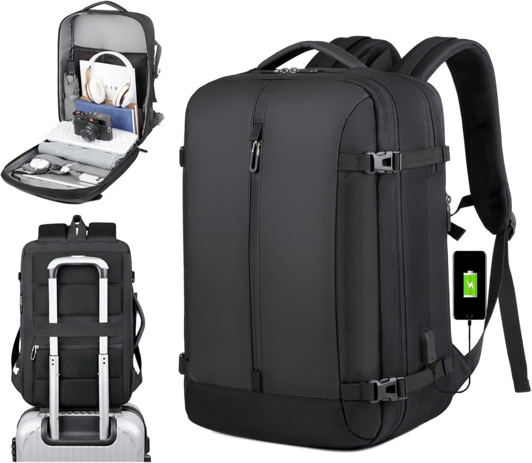 Unisex 40L expandable travel backpack, waterproof, with USB port, ideal for 17" laptop, carry-on size