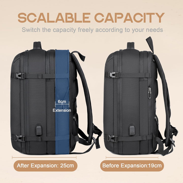 Expandable 40L travel backpack, unisex, durable, fits 17" laptop, featuring a convenient USB charging port