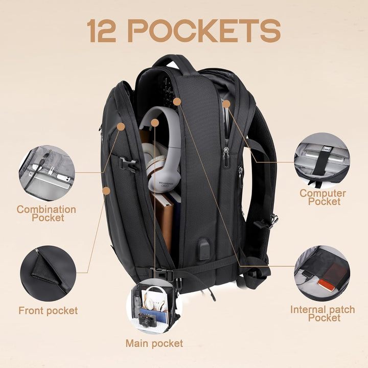Black unisex carry-on travel backpack, 40L, water-resistant, with USB port and padded 17-inch laptop sleeve
