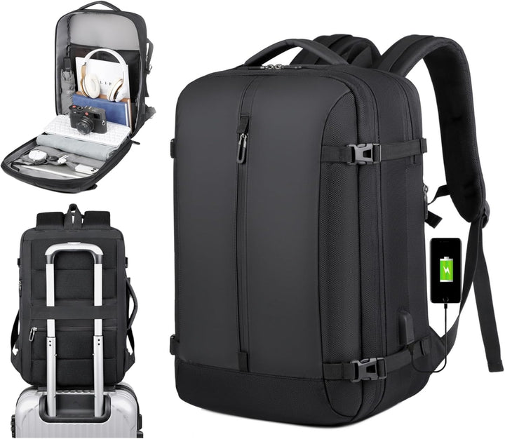 Unisex 40L expandable travel backpack with USB charging port & 17" laptop compartment. Perfect for travelers.