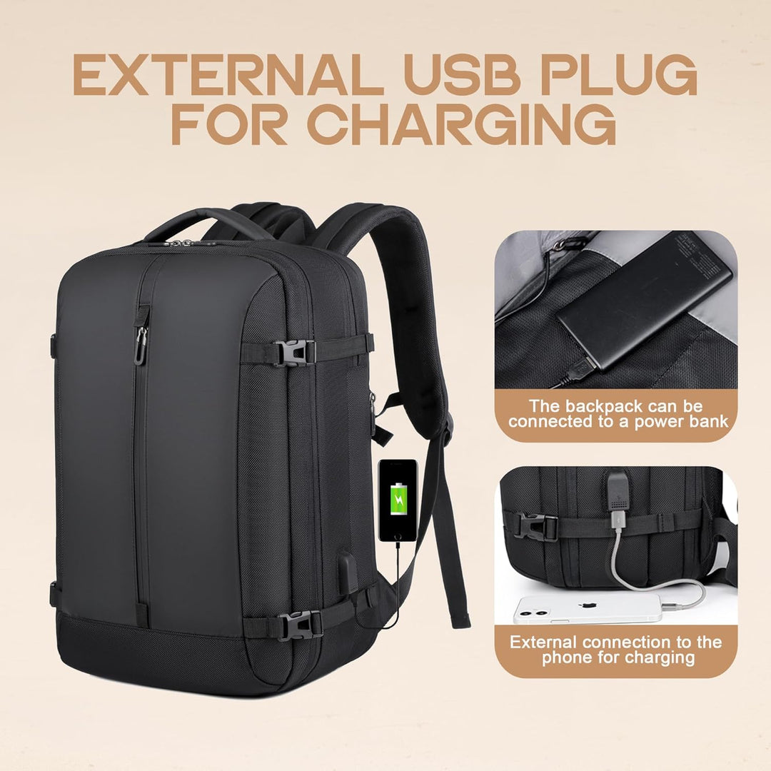 Waterproof 40L carry-on travel backpack for men & women, featuring USB port & anti-theft design.