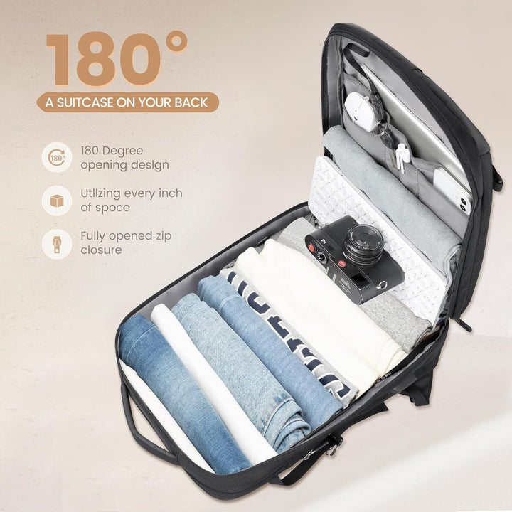 Side view of the 40L expandable travel backpack, showcasing its robust, waterproof design & carry-on size.