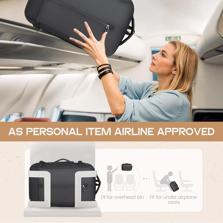 Interior of a large 40L travel backpack with padded 17" laptop sleeve & ample storage for travel gear.