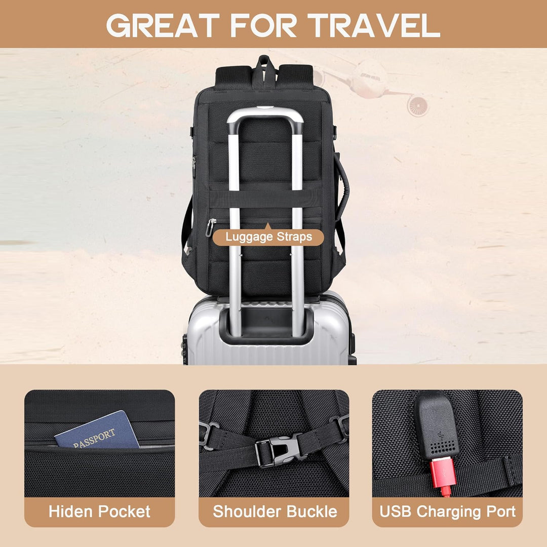 Person wearing a 40L unisex expandable travel backpack, perfect for flights & daily commute. USB feature.